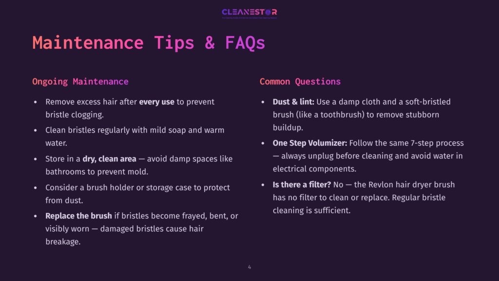 Maintenance Tips &Amp; Faqs Slide With Text About Cleaning Hairbrushes, Dust And Lint, And One-Step Volumizer.