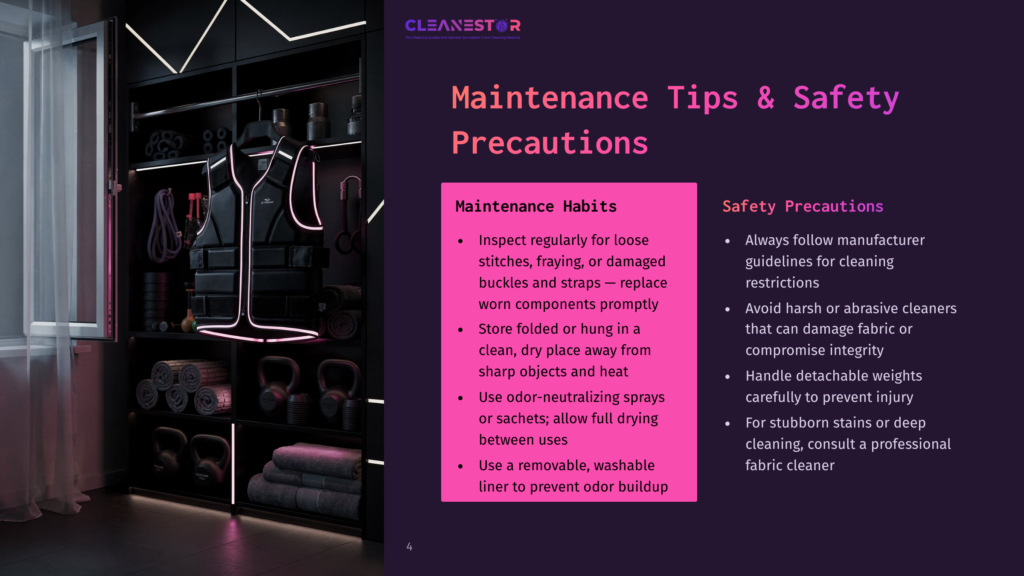 A Dark, Modern Gym Locker With Neon Pink Accents, Showcasing Neatly Folded Towels, Kettlebells, And Yoga Mats. Text Overlay Reads: &Quot;Cleanestor Maintenance Tips &Amp; Safety Precautions.