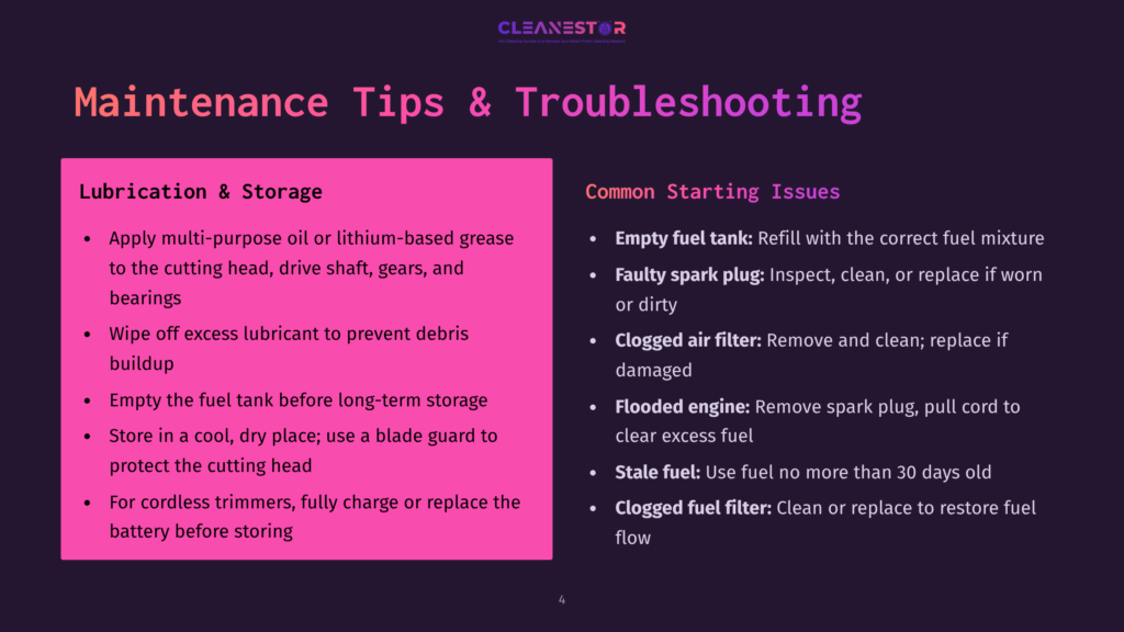 4 Maintenance Tips And Troubleshooting A Page With A Purple Background Displays Maintenance Tips And Troubleshooting For Equipment. It Includes Sections On Lubrication And Storage, And Common Starting Issues, With Detailed Instructions.