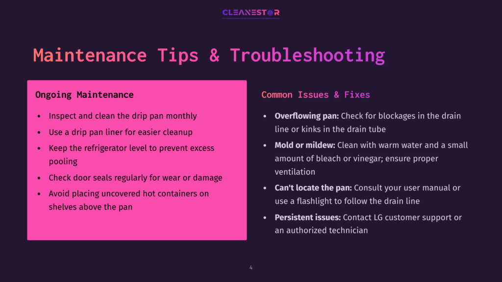 4 Maintenance Tips And Troubleshooting 2 A Slide Titled &Quot;Maintenance Tips &Amp; Troubleshooting&Quot; With Sections On &Quot;Ongoing Maintenance&Quot; And &Quot;Common Issues &Amp; Fixes,&Quot; Listing Steps Like Cleaning The Drip Pan And Addressing Overflow Issues.