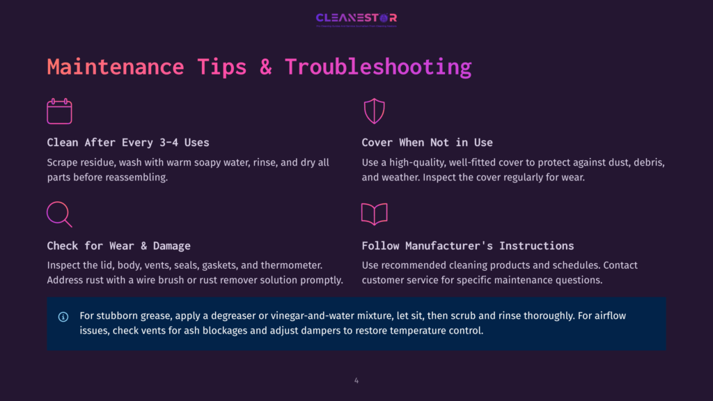 Cleanestor Maintenance Tips And Troubleshooting Guide With Icons For Cleaning, Covering, Checking Wear, And Manufacturer Instructions.