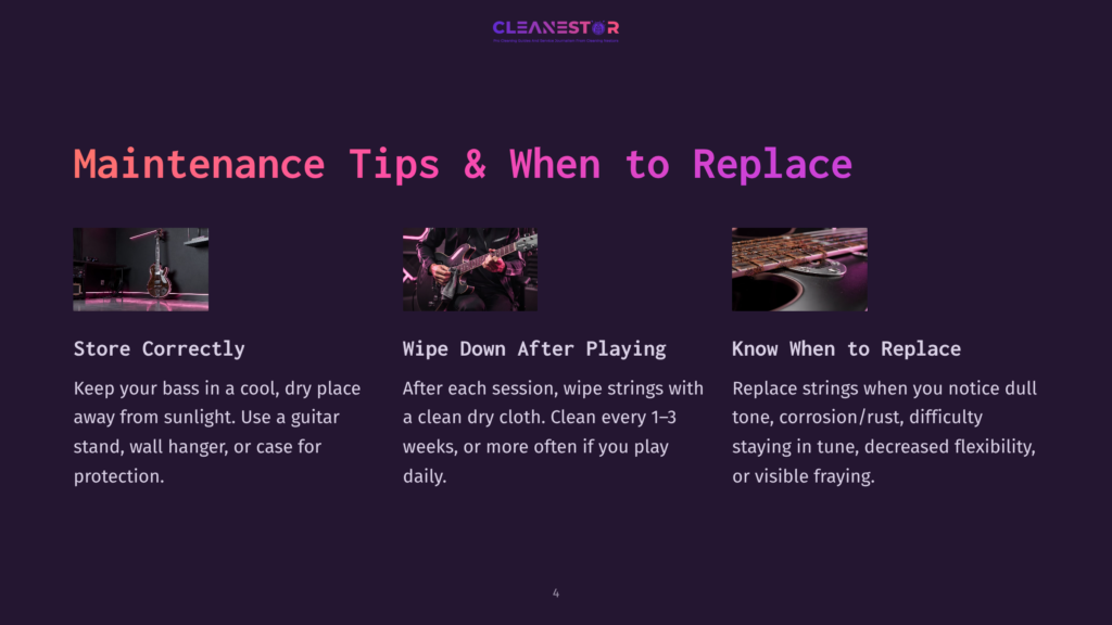 Three Panels Showing Guitar Maintenance Tips. Left: A Bass Guitar In A Dimly Lit Room. Middle: Hands Playing A Guitar. Right: Close-Up Of An Electric Guitar'S Body And Strings. Text: &Quot;Maintenance Tips &Amp; When To Replace&Quot;, &Quot;Store Correctly&Quot;, &Quot;Wipe Down After Playing&Quot;, &Quot;Know When To Replace&Quot;.