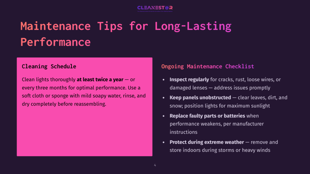 A Slide Titled &Quot;Maintenance Tips For Long-Lasting Performance&Quot; With A Pink Section On &Quot;Cleaning Schedule&Quot; And A Dark Purple Section On &Quot;Ongoing Maintenance Checklist.