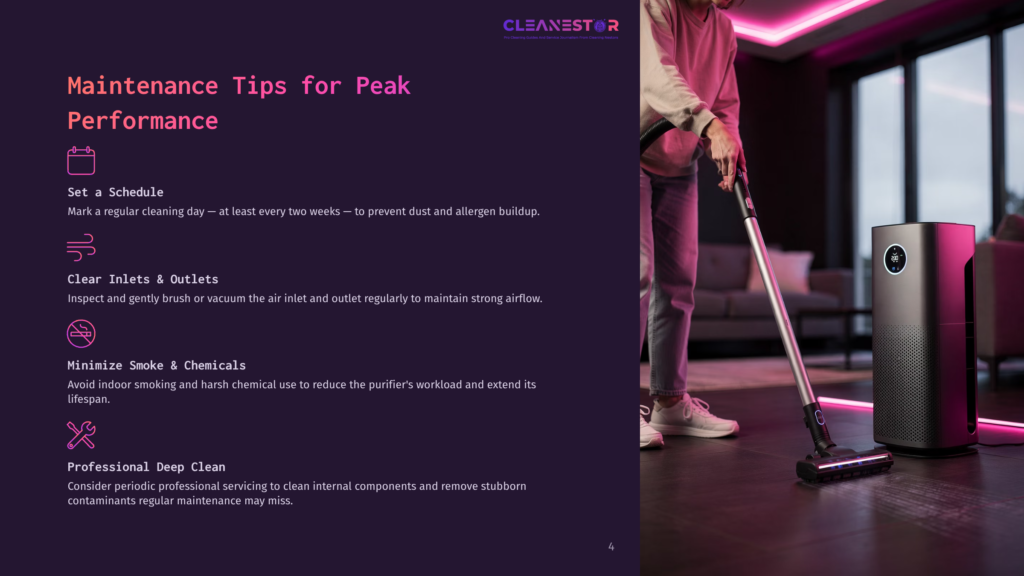 A Person In A Pink Sweater And Pink Pants Vacuuming The Floor While An Air Purifier Sits Beside Them On The Floor.