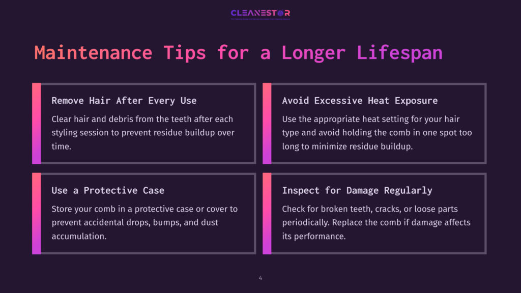 Four Maintenance Tips For A Longer Lifespan For Styling Combs: Remove Hair After Every Use, Avoid Excessive Heat Exposure, Use A Protective Case, And Inspect For Damage Regularly. The Text Is Displayed On A Dark Purple Background With A Brand Logo At The Top.