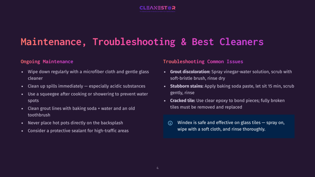 Cleanestor Logo And Text: &Quot;Maintenance, Troubleshooting &Amp; Best Cleaners.&Quot; Lists Include &Quot;Ongoing Maintenance&Quot; And &Quot;Troubleshooting Common Issues.