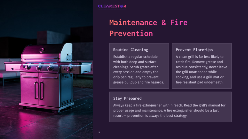 4 Maintenance And Fire Prevention A Sleek, Stainless Steel Gas Grill With A Dark Lid Sits On A Patio At Night, Illuminated By Pink And Purple Lights. The Grill Has Four Burners And A Storage Cabinet Below.