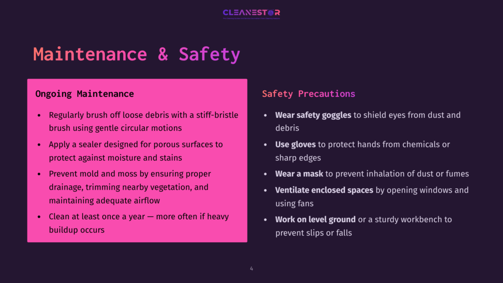 Slide Titled &Quot;Maintenance &Amp; Safety&Quot; With Sections &Quot;Ongoing Maintenance&Quot; And &Quot;Safety Precautions.&Quot; Bullet Points Detail Cleaning, Sealing, And Ventilation For Safe Operation.