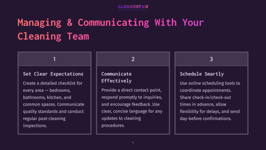 Infographic Titled &Quot;Managing &Amp; Communicating With Your Cleaning Team&Quot; With Three Columns: 1. Set Clear Expectations, 2. Communicate Effectively, 3. Schedule Smartly. The Background Is A Dark Purple Gradient.
