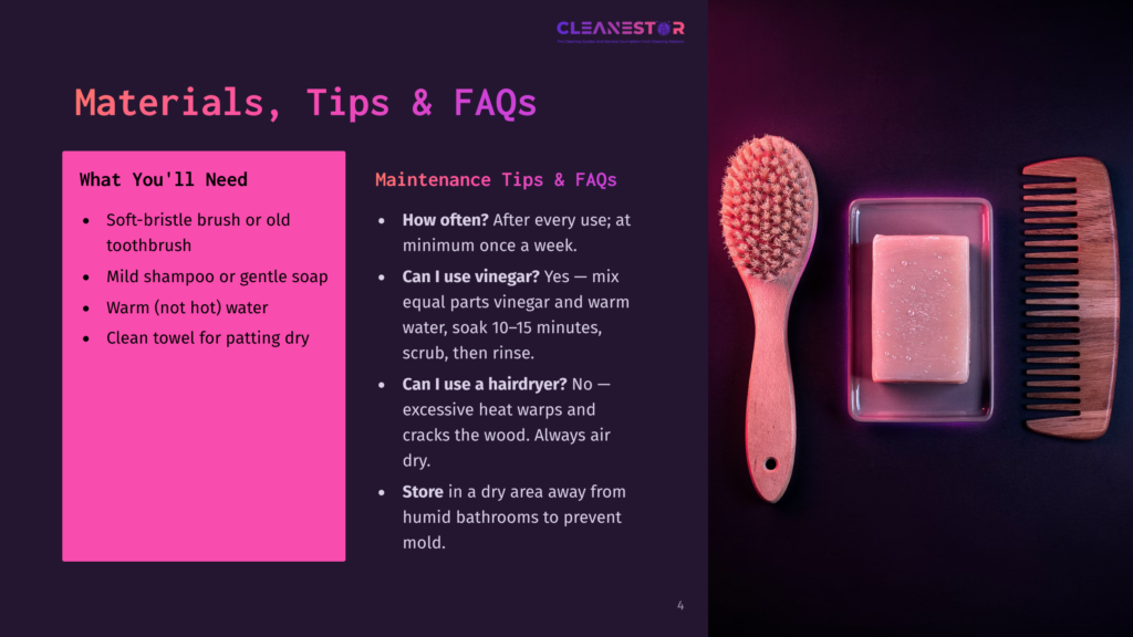 A Wooden Comb And A Natural Bristle Brush Sit Next To A Bar Of Soap On A Soap Dish, With A Dark, Moody Background. Text Overlay Reads &Quot;Cleanestor&Quot; And &Quot;Materials, Tips &Amp; Faqs&Quot;.
