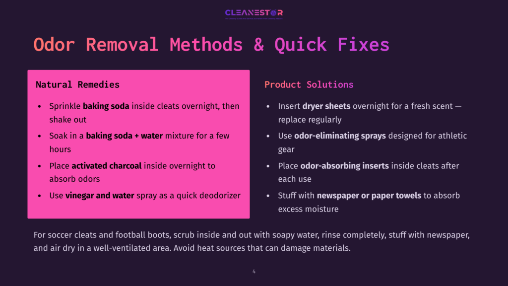 4 Odor Removal Methods And Quick Fixes Infographic Titled &Quot;Odor Removal Methods &Amp; Quick Fixes&Quot; Features Two Sections: &Quot;Natural Remedies&Quot; And &Quot;Product Solutions.&Quot; The Natural Remedies Include Using Baking Soda, Baking Soda + Water Mixture, Activated Charcoal, And Vinegar And Water Spray. Product Solutions Include Dryer Sheets, Odor-Eliminating Sprays, Odor-Absorbing Inserts, And Newspaper Or Paper Towels.