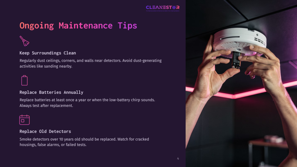 Close-Up Of Hands Holding A Smoke Detector With A Purple Light Illuminating The Scene. The Text On The Image Reads &Quot;Ongoing Maintenance Tips&Quot; And Includes Advice Like Keeping Surroundings Clean And Replacing Batteries Annually.
