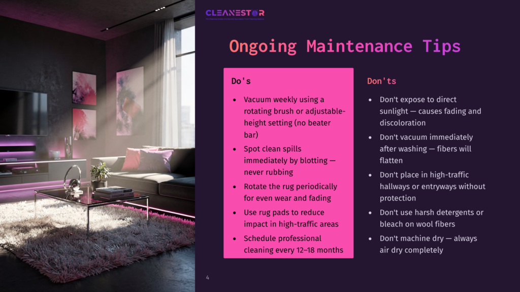 4 Ongoing Maintenance Tips 2 Modern Living Room With Plush White Rug, Sleek Grey Sofa, And Ambient Lighting, Featuring A &Quot;Cleanestor&Quot; Logo And Ongoing Maintenance Tips For Cleaning.