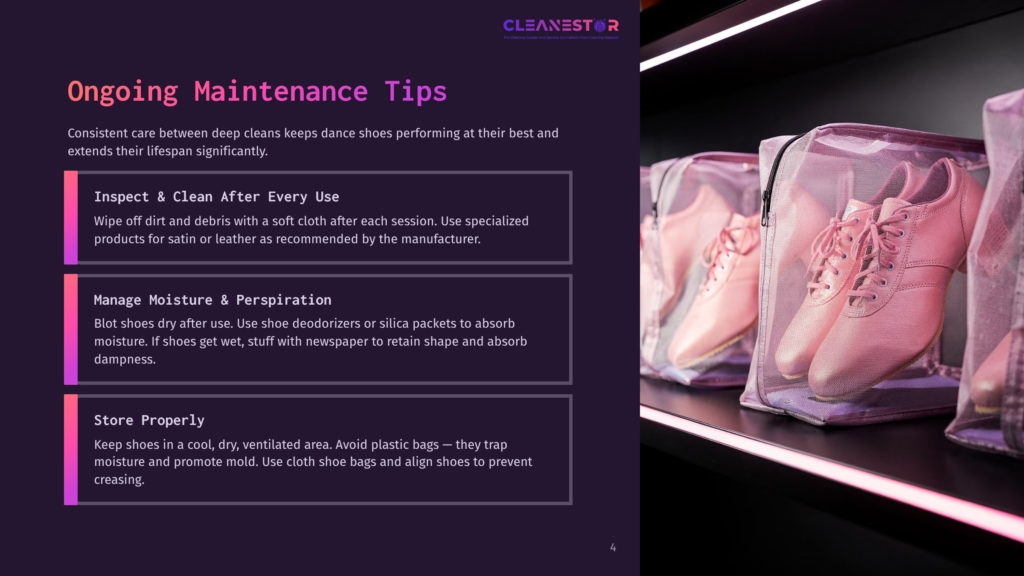 Pink Dance Shoes In Clear Mesh Bags On A Shelf, With Text Overlay &Quot;Cleanestor Ongoing Maintenance Tips&Quot;.