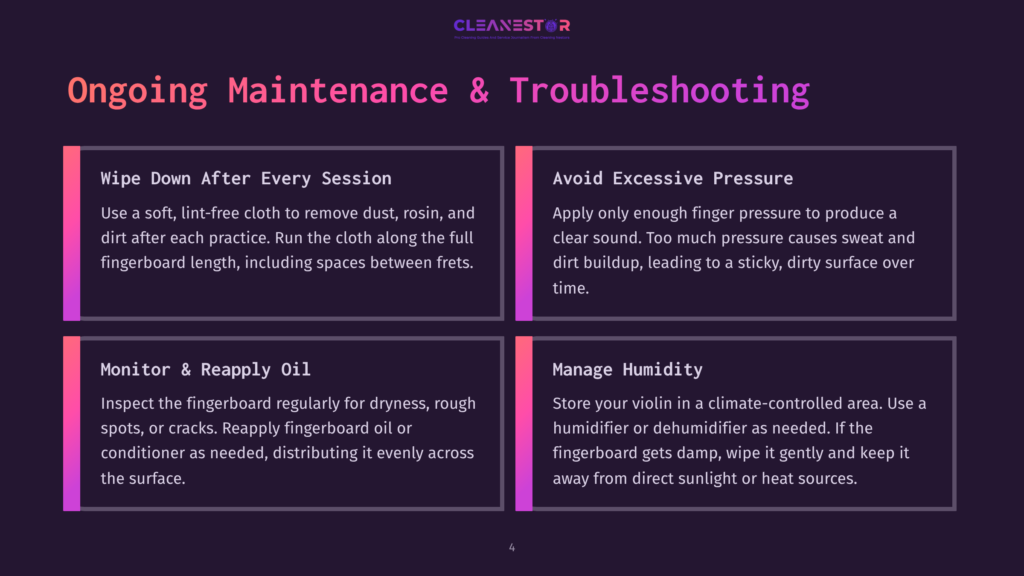 4 Ongoing Maintenance And Troubleshooting Infographic Titled &Quot;Ongoing Maintenance &Amp; Troubleshooting&Quot; With Four Sections: &Quot;Wipe Down After Every Session,&Quot; &Quot;Avoid Excessive Pressure,&Quot; &Quot;Monitor &Amp; Reapply Oil,&Quot; And &Quot;Manage Humidity.