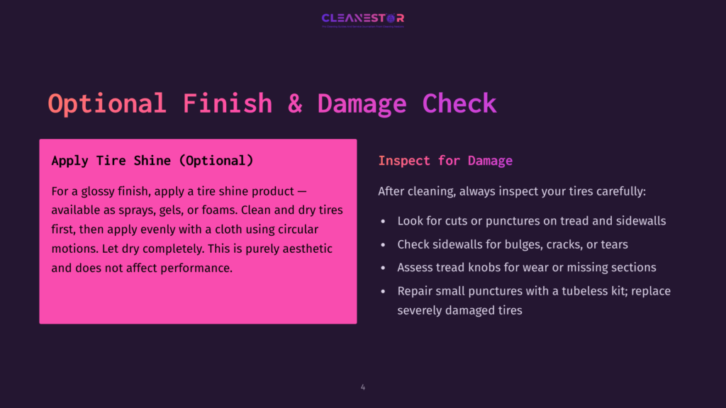 A Slide Titled &Quot;Optional Finish &Amp; Damage Check&Quot; With Sections On &Quot;Apply Tire Shine (Optional)&Quot; And &Quot;Inspect For Damage,&Quot; Featuring Bullet Points With Instructions And Tips.