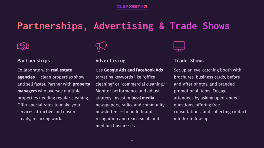 Partnerships, Advertising, And Trade Shows Section Of A Presentation, Featuring Icons For Each Category And Text Describing Their Benefits For Cleaning Businesses.