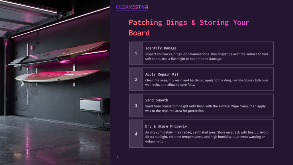 Cleanestor Guide On Patching Surfboard Dings And Storing Boards: Steps For Inspection, Repair, Sanding, And Drying In A Garage Setting With Surfboards On Racks.
