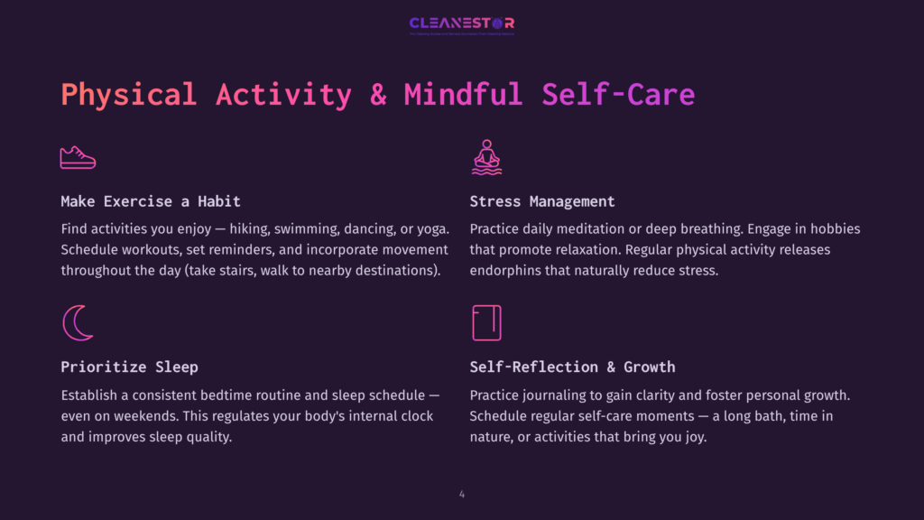 A Graphic With The Text &Quot;Cleanestor&Quot; At The Top, And Sections On &Quot;Physical Activity &Amp; Mindful Self-Care&Quot; Including &Quot;Make Exercise A Habit&Quot;, &Quot;Stress Management&Quot;, &Quot;Prioritize Sleep&Quot;, And &Quot;Self-Reflection &Amp; Growth&Quot;, Each With An Icon.