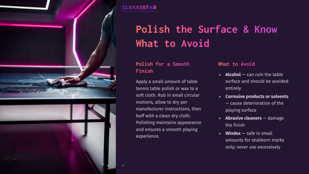 A Person Polishes A Dark Blue And Green Ping Pong Table With A White Cloth, Reflecting Purple Neon Lights. Text Reads &Quot;Cleanestor Polish The Surface &Amp; Know What To Avoid&Quot;.