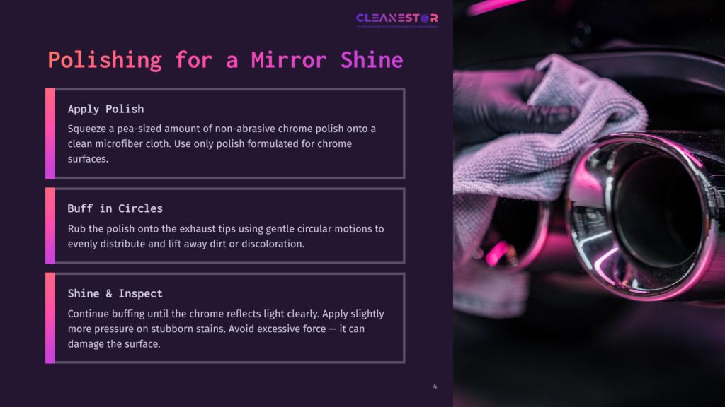 4 Polishing For A Mirror Shine Close-Up Of Someone In Black Gloves Polishing A Chrome Exhaust Pipe With A Gray Microfiber Cloth, Reflecting Purple And Pink Lights.