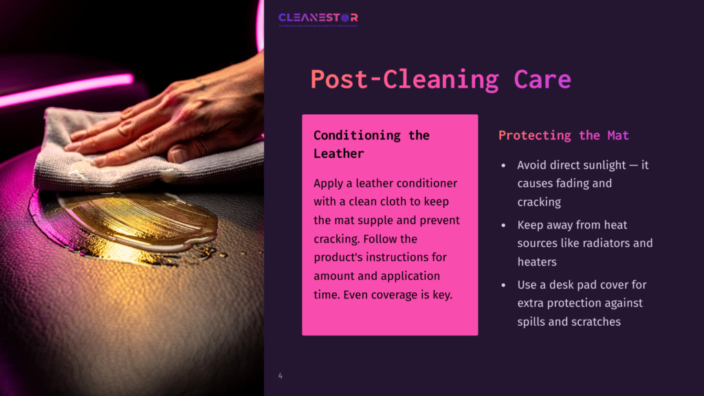Close-Up Of Hands Gently Wiping A Dark Leather Surface With A White Cloth, Applying A Golden Conditioning Product. Text Overlay: &Quot;Post-Cleaning Care,&Quot; &Quot;Conditioning The Leather,&Quot; And &Quot;Protecting The Mat.