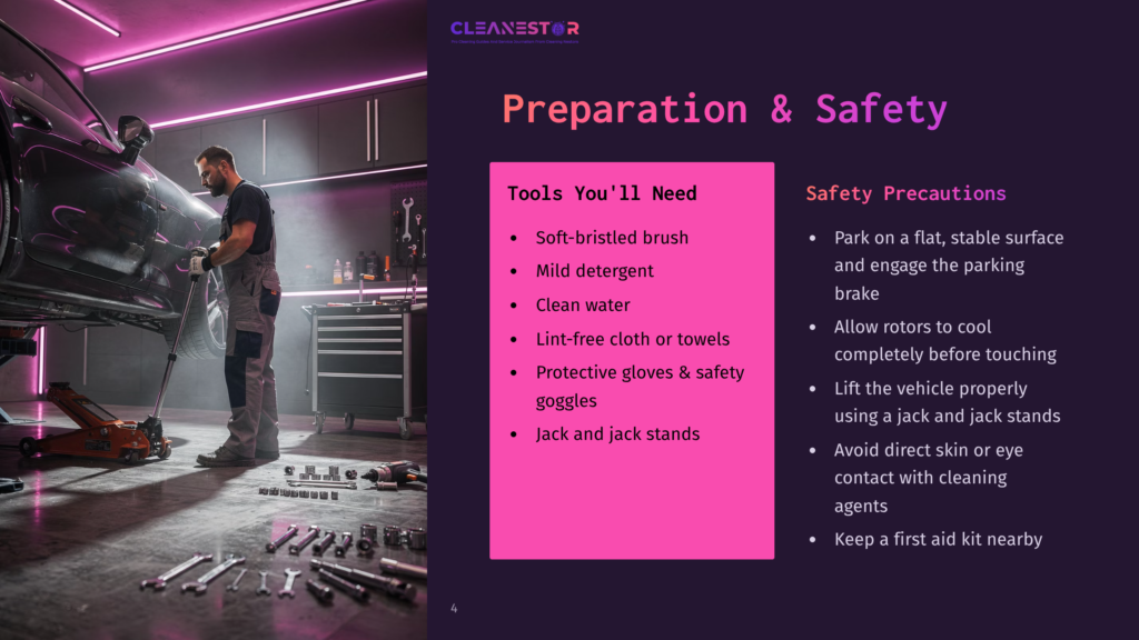 Mechanic In Garage Preparing For Car Maintenance, With Tools And Safety Precautions List Including Soft Brush, Mild Detergent, Clean Water, Lint-Free Cloths, Protective Gloves, Goggles, And First Aid Kit.