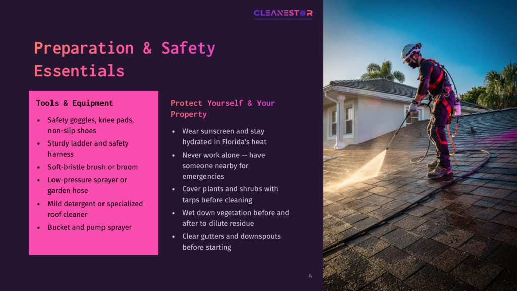 A Professional Pressure Washer In A Safety Harness Sprays A Roof In Florida, Demonstrating Cleaning Essentials And Safety Precautions.