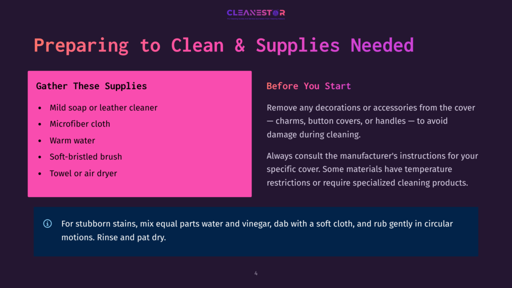 A Presentation Slide Titled &Quot;Preparing To Clean &Amp; Supplies Needed&Quot; Lists Cleaning Supplies Like Microfiber Cloths And Warm Water, With A Tip For Stubborn Stains Using Vinegar And Dabbed Water.