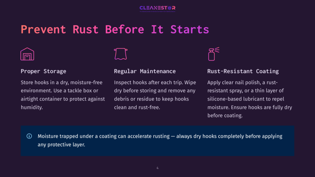 Illustration Showing Three Methods To Prevent Rust On Hooks: Proper Storage In A Dry Environment, Regular Maintenance By Cleaning After Use, And Applying A Rust-Resistant Coating Like Clear Nail Polish Or Lubricant. The Text &Quot;Prevent Rust Before It Starts&Quot; Is Prominent.