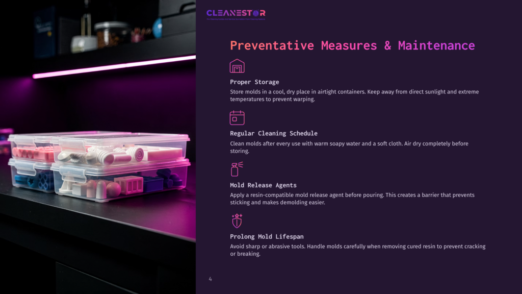 Transparent Plastic Containers With Various Multicolored Tools Are Displayed On A Countertop. A Purple Background With Text Reading &Quot;Preventative Measures &Amp; Maintenance&Quot; And Icons Is Visible Above The Containers.