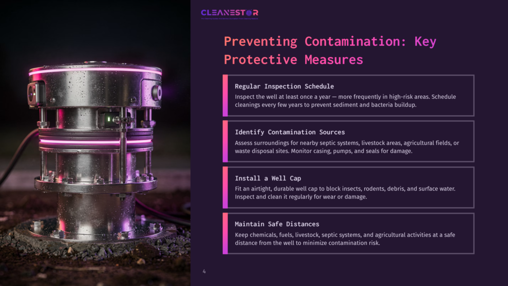 A Close-Up Of A Silver, Industrial-Looking Device With Glowing Purple Lights, Covered In Water Droplets, Set Against A Dark Background With Text About Preventing Contamination.
