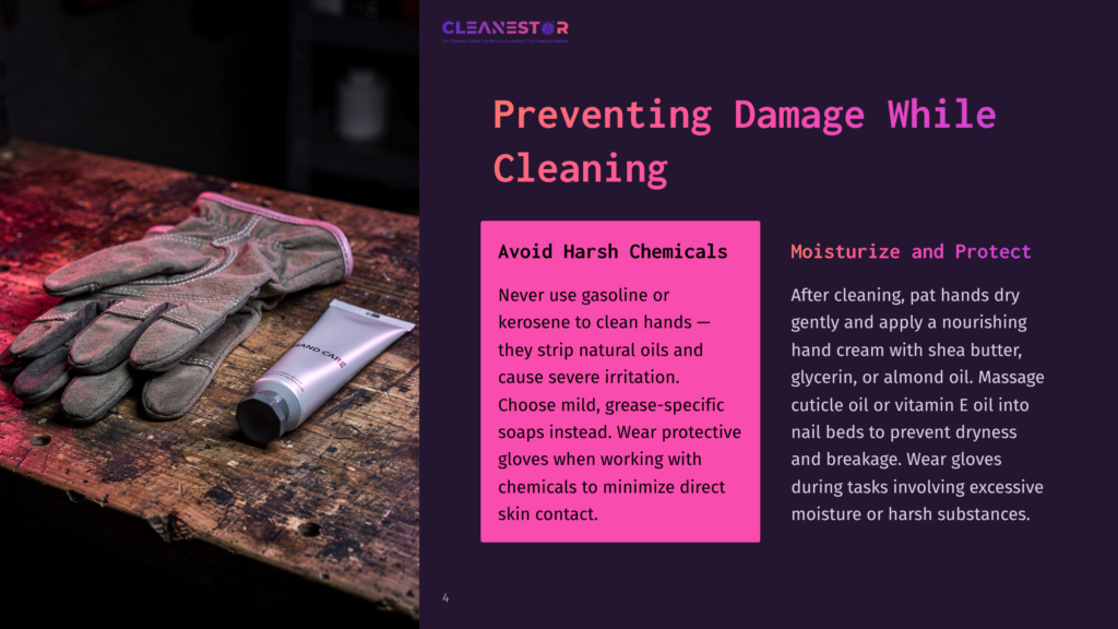 4 Preventing Damage While Cleaning Work Gloves And Hand Cream On A Rustic Wooden Workbench, With Text &Quot;Cleanestor&Quot; And &Quot;Preventing Damage While Cleaning&Quot;.