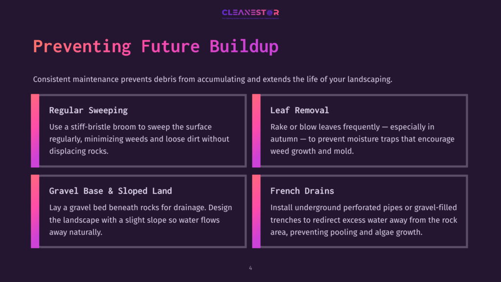 Preventing Future Buildup In Landscaping With Regular Sweeping, Leaf Removal, Gravel Base &Amp; Sloped Land, And French Drains.