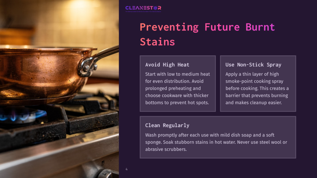 A Copper Pot Sits On A Gas Stove Burner With A Blue Flame, Next To Text About Preventing Burnt Stains And Using Non-Stick Spray.