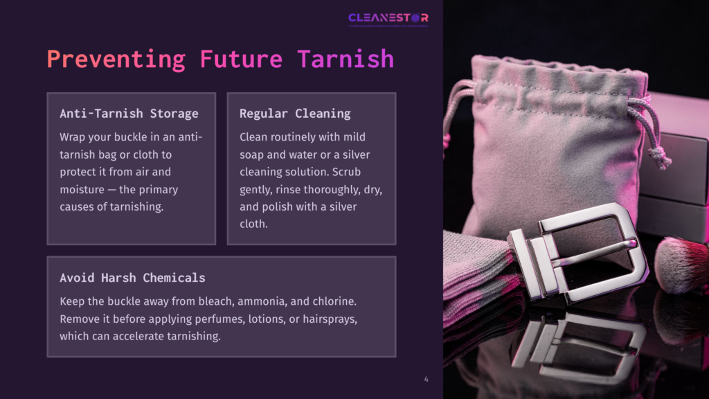 4 Preventing Future Tarnish A Silver Buckle And A Grey Pouch Sit On A Dark Surface, With A Jewelry Box And Makeup Brush In The Background. Text Overlay Reads &Quot;Preventing Future Tarnish&Quot; And Provides Tips For Jewelry Care.