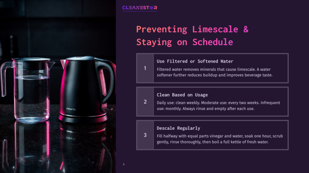 A Sleek, Black Electric Kettle And A Clear Glass Pitcher Filled With Water Sit On A Dark, Reflective Countertop. The Text Overlay Reads &Quot;Cleanestor&Quot; And &Quot;Preventing Limescale &Amp; Staying On Schedule.