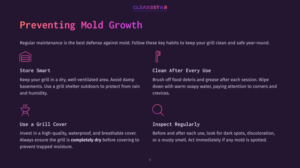 4 Preventing Mold Growth Graphic With Text &Quot;Preventing Mold Growth&Quot; On A Dark Purple Background, Featuring Icons And Tips For Grill Maintenance, Including &Quot;Store Smart,&Quot; &Quot;Clean After Every Use,&Quot; &Quot;Use A Grill Cover,&Quot; And &Quot;Inspect Regularly.