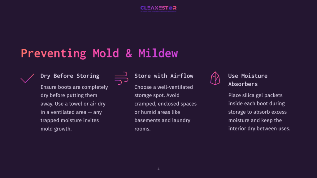 An Infographic On A Dark Background Displays Three Methods For Preventing Mold And Mildew On Boots. The First Method, 'Dry Before Storing', Suggests Ensuring Boots Are Dry Before Storage. The Second Method, 'Store With Airflow', Advises Choosing Well-Ventilated Storage Spots And Avoiding Cramped, Enclosed Spaces. The Third Method, 'Use Moisture Absorbers', Recommends Placing Silica Gel Packets Inside Each Boot During Storage To Absorb Excess Moisture And Maintain Dryness.