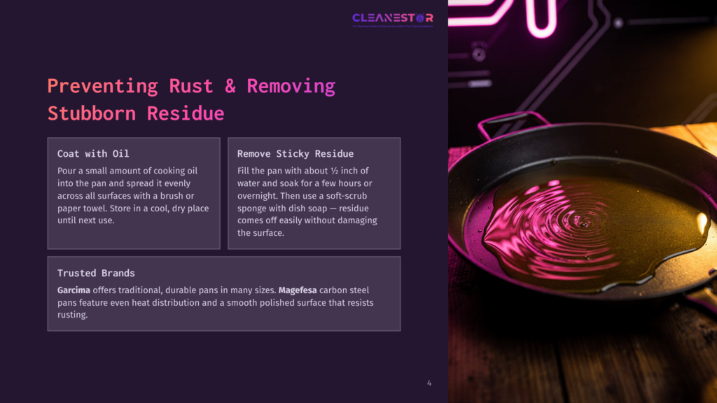 4 Preventing Rust And Removing Stubborn Residue Close-Up Of A Black Cast Iron Pan With Shimmering Golden Cooking Oil, Reflecting Light And Showing Ripples From Heat. Text Overlay Discusses Preventing Rust And Removing Stubborn Residue From Cookware.