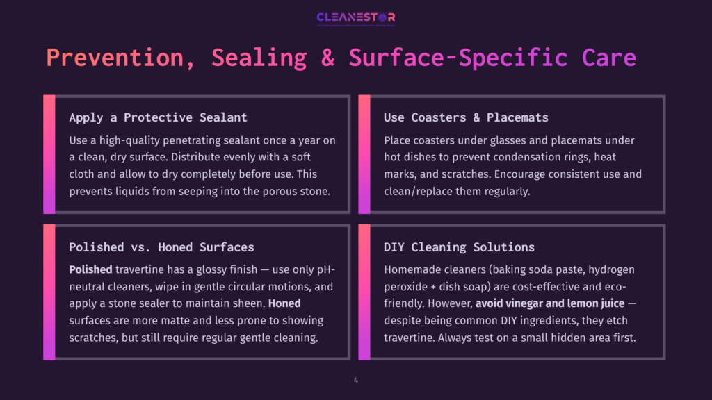 A Dark Purple Graphic With The Title &Quot;Prevention, Sealing &Amp; Surface-Specific Care&Quot; And Four Boxes Detailing Care For Travertine Surfaces, Including Sealing, Using Coasters, Distinguishing Polished Vs. Honed, And Diy Cleaning Solutions.