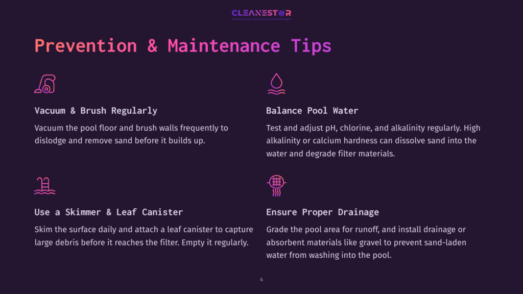 4 Prevention And Maintenance Tips A Colorful Infographic Titled &Quot;Prevention &Amp; Maintenance Tips&Quot; On A Purple Background Offers Tips Like &Quot;Vacuum &Amp; Brush Regularly&Quot; And &Quot;Balance Pool Water.&Quot; The Infographic Uses Icons To Illustrate Each Tip, Including A Vacuum, A Water Droplet, A Skimmer, And A Leaf Canister, All With Corresponding Textual Descriptions.