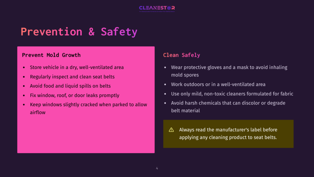 4 Prevention And Safety Presentation Slide Titled &Quot;Prevention &Amp; Safety&Quot; With Two Sections: &Quot;Prevent Mold Growth&Quot; And &Quot;Clean Safely.&Quot; The Left Side Lists Tips For Preventing Mold In Vehicles, While The Right Side Offers Advice On Safe Cleaning Practices, Emphasizing Protective Gear And Mild Cleaners.