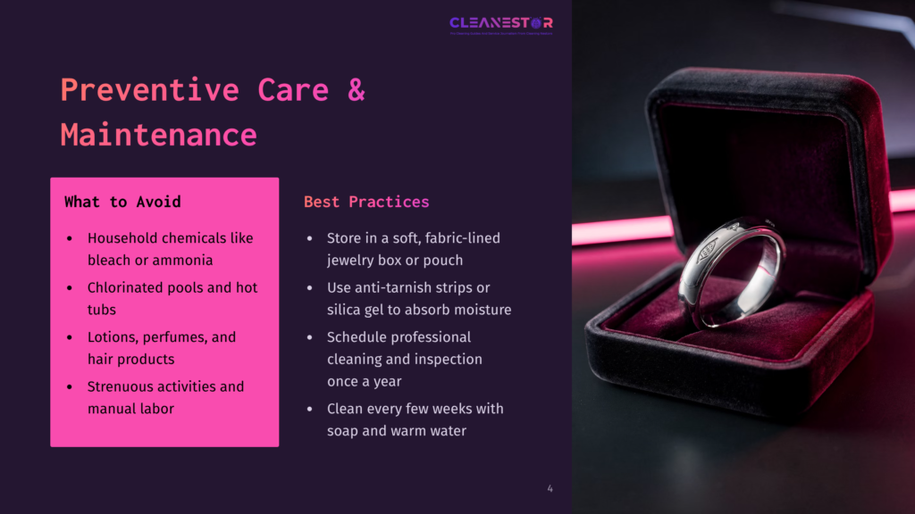 4 Preventive Care And Maintenance A Silver Ring With Intricate Carvings Rests Inside A Dark Velvet Jewelry Box, Illuminated By A Soft Pink Light. The Image Displays Text About Preventive Care And Best Practices For Cleaning And Maintaining Jewelry.