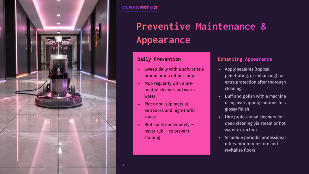 A Floor Cleaning Machine With A Buffer Head Polishes A Shiny, Tiled Floor In A Modern Hallway With Soft Lighting. The Image Includes The Text &Quot;Cleanestor&Quot; And &Quot;Preventive Maintenance &Amp; Appearance&Quot;.