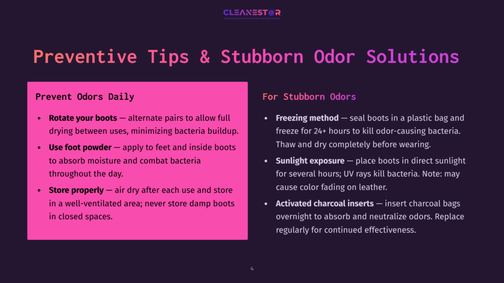 A Purple Background Displays Text Divided Into Two Sections. The Left Section, Labeled &Quot;Prevent Odors Daily,&Quot; Provides Tips On How To Prevent Odors, Such As Rotating Boots And Using Foot Powder. The Right Section, Labeled &Quot;For Stubborn Odors,&Quot; Offers Solutions Like Freezing Boots And Using Activated Charcoal Inserts.