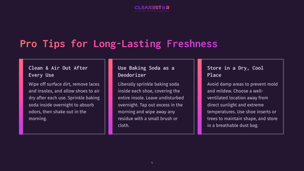 Three Infographic Panels Offering Pro Tips For Long-Lasting Freshness. The First Panel Reads &Quot;Clean &Amp; Air Out After Every Use,&Quot; Advising To Wipe Off Dirt, Remove Laces And Insoles, And Air Out Shoes. The Second Panel Is Titled &Quot;Use Baking Soda As A Deodorizer,&Quot; Suggesting To Liberally Sprinkle Baking Soda Inside Shoes Overnight And Tap Out Excess In The Morning. The Third Panel Advises To &Quot;Store In A Dry, Cool Place,&Quot; Recommending To Avoid Damp Areas, Choose A Well-Ventilated Spot Away From Direct Sunlight And Extreme Temperatures, And Use Shoe Inserts Or Trees To Maintain Shape.