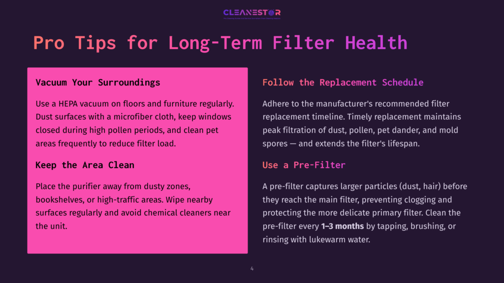 Cleanestor Graphic With &Quot;Pro Tips For Long-Term Filter Health&Quot; Title. Left Side Details Vacuuming And Cleaning Surroundings, Right Side Discusses Pre-Filter Use And Replacement.