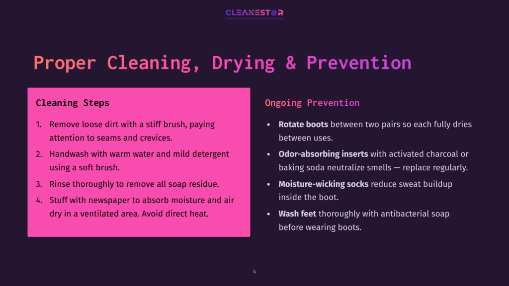 Slide Titled &Quot;Proper Cleaning, Drying &Amp; Prevention&Quot; With Steps For Cleaning Shoes And Ongoing Prevention Tips Like Using Odor-Absorbing Inserts And Moisture-Wicking Socks.