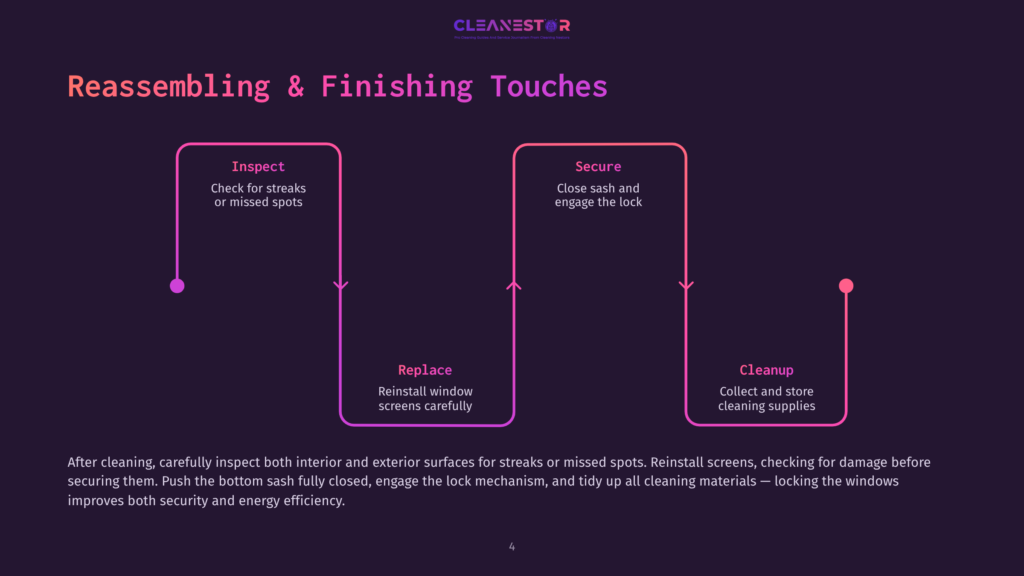 Flowchart Illustrating The Reassembling And Finishing Touches Of Window Cleaning: Inspect, Replace, Secure, And Cleanup. The Text &Quot;Cleanestor&Quot; Is At The Top.